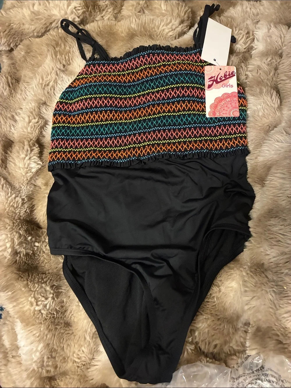 NWT Hobie Girls Black One-Piece Swimsuit with Multicolor Zigzags size 12